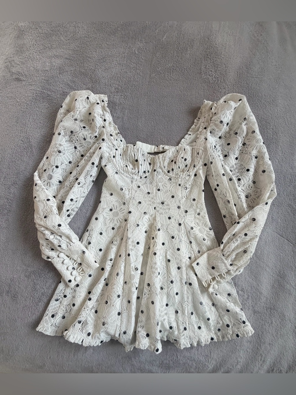 For Love & Lemons Women White Polka Dot Square Neck Longsleeve Dress Size S